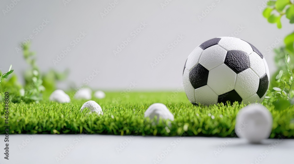 Fototapeta premium Realistic soccer ball and artificial turf combo, lit against bright white background