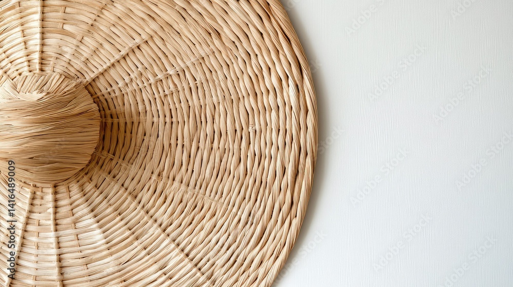 Fototapeta premium Textured straw mat with radial pattern, centered on white surface