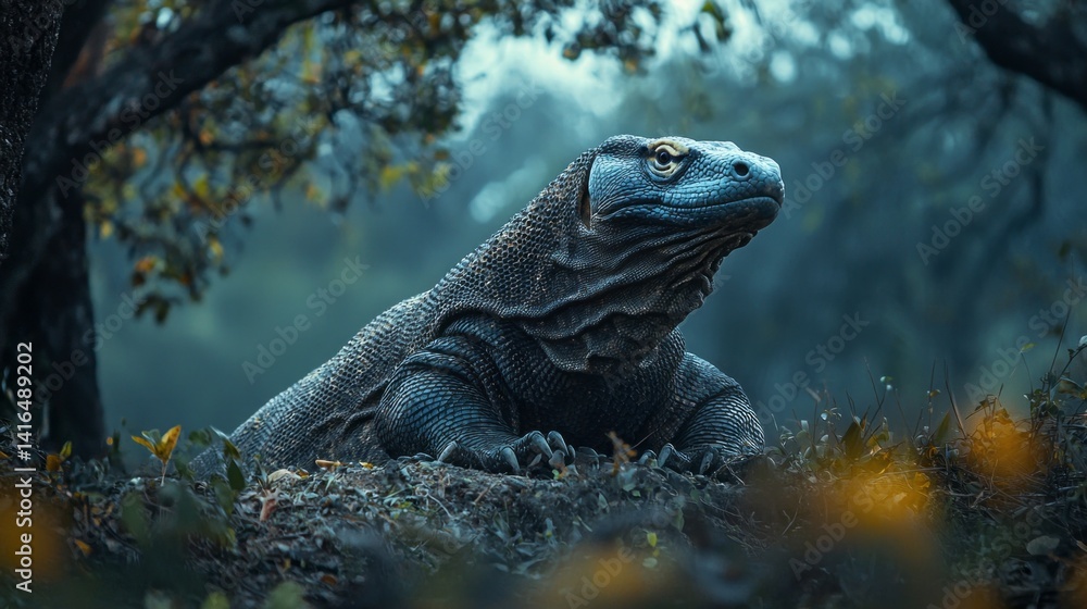 A large lizard is laying on the ground in a forest A large lizard is laying on the ground in a forest