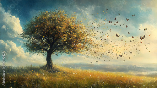 Golden autumnal tree releases a flutter of butterflies.