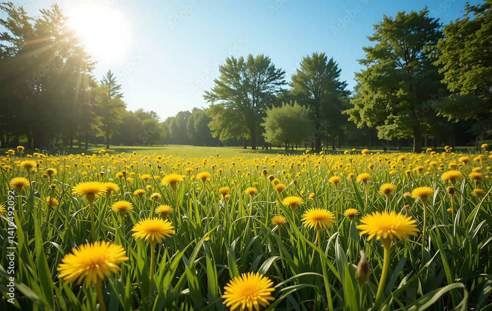 Fototapeta premium many yellow dandelions and green grass