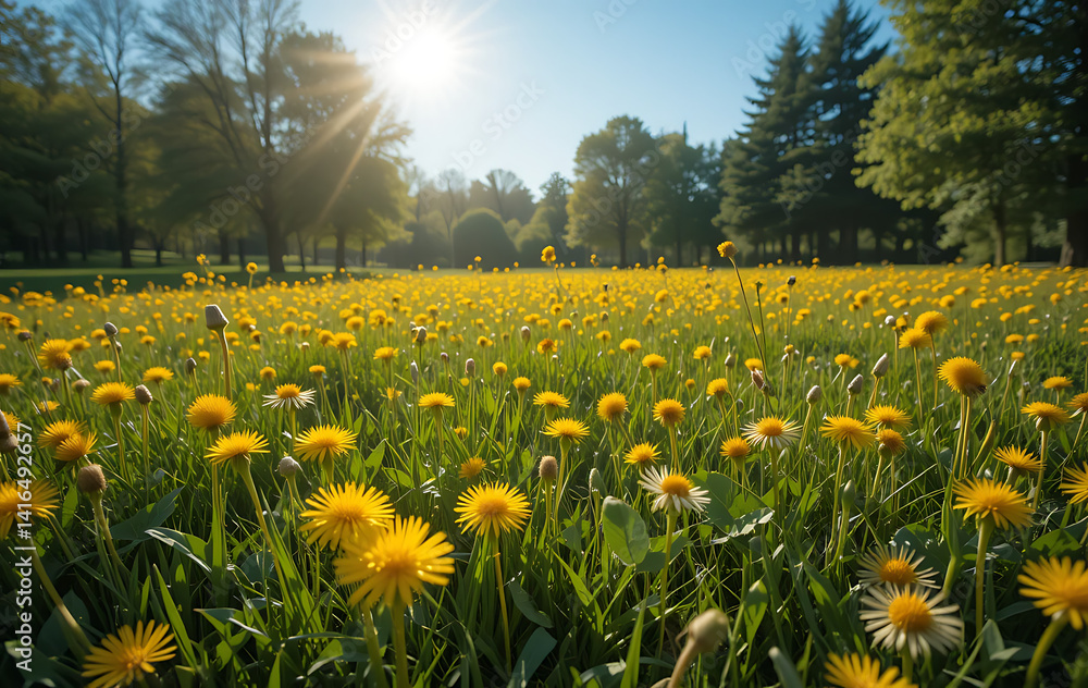 Obraz premium many yellow dandelions and green grass