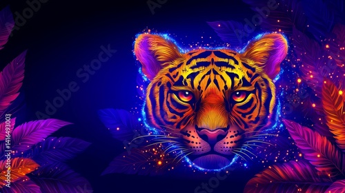 Wallpaper Mural Neon tiger portrait amid tropical flora and sparkling light points creating a vibrant and otherworldly atmosphere digital artwork Torontodigital.ca