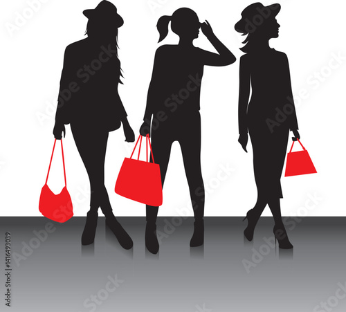 Fashion women silhouettes holding red purse.

