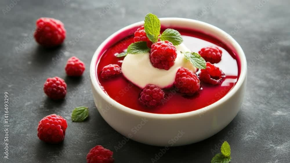 Fresh Raspberry Dessert with Cream and Mint Garnish on Dark Slate Background, Perfect for Food Photography and Culinary Presentation Fresh Raspberry Dessert with Cream and Mint Garnish on Dark Slate Background, Perfect for Food Photography and Culinary Presentation