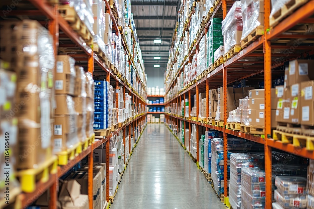 Aisle View of an Organized Warehouse with Shelves Full of Boxes and Pallets in a Commercial Storage Facility Aisle View of an Organized Warehouse with Shelves Full of Boxes and Pallets in a Commercial Storage Facility