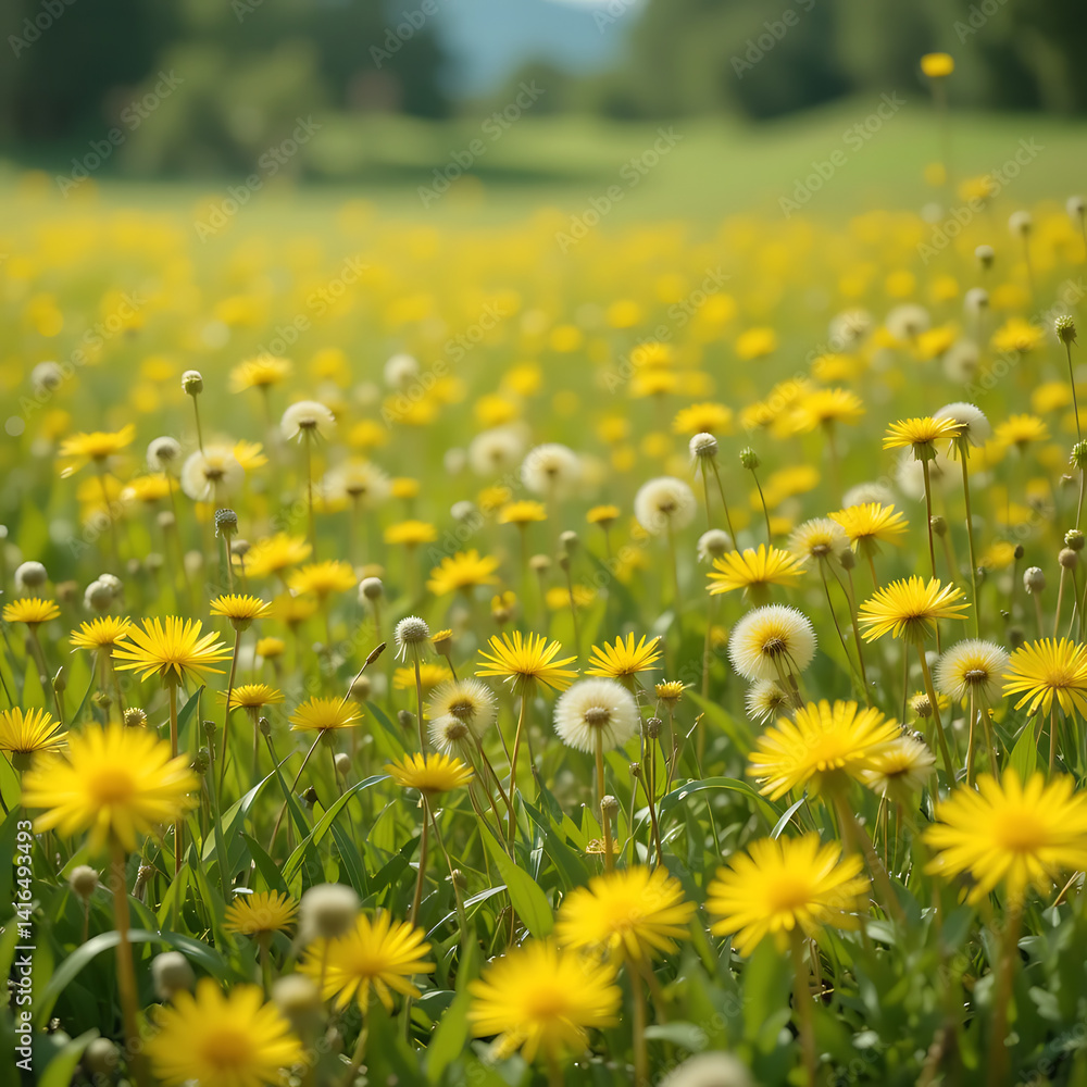 Fototapeta premium many yellow dandelions and green grass