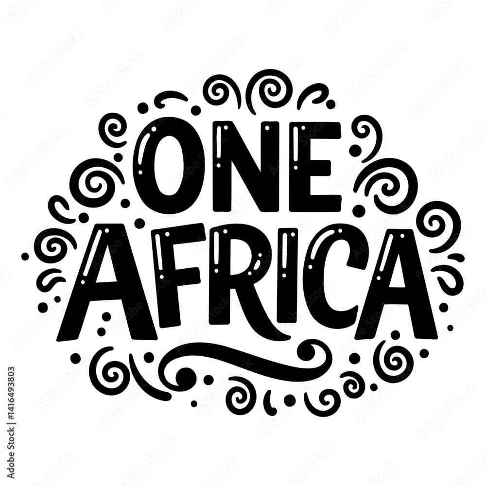 Fototapeta premium Bold, stylized lettering of ONE AFRICA framed by decorative swirls. Suitable for advertising, social media graphics, or editorial pieces related to Africa, unity, or diversity.
