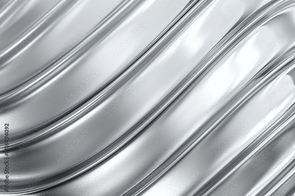 Sleek silver metallic wave pattern with modern flowing curves and high gloss reflective surface forfuturistic aesthetic, 3d rendering