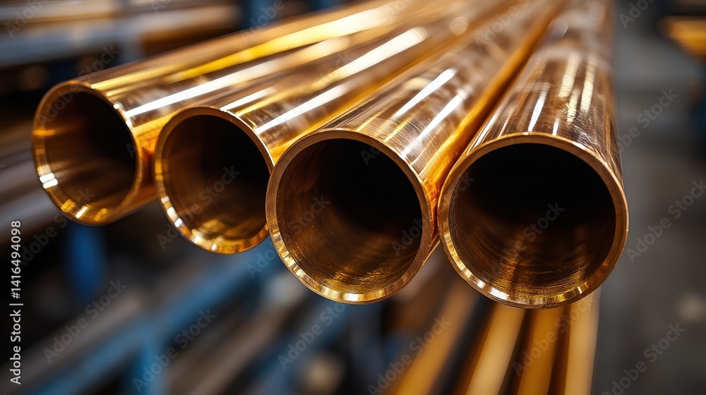 Naklejka premium Close-up of Shiny Brass Pipes in a Warehouse Setting