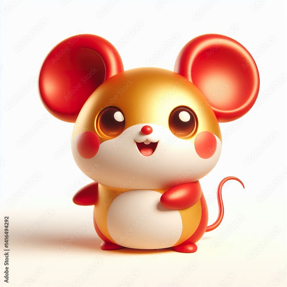 Naklejka premium A cheerful 3d anthropomorphic cute mouse with a rounded body, short legs, and big ears, featuring bright, red and gold colors Chinese New Year concept