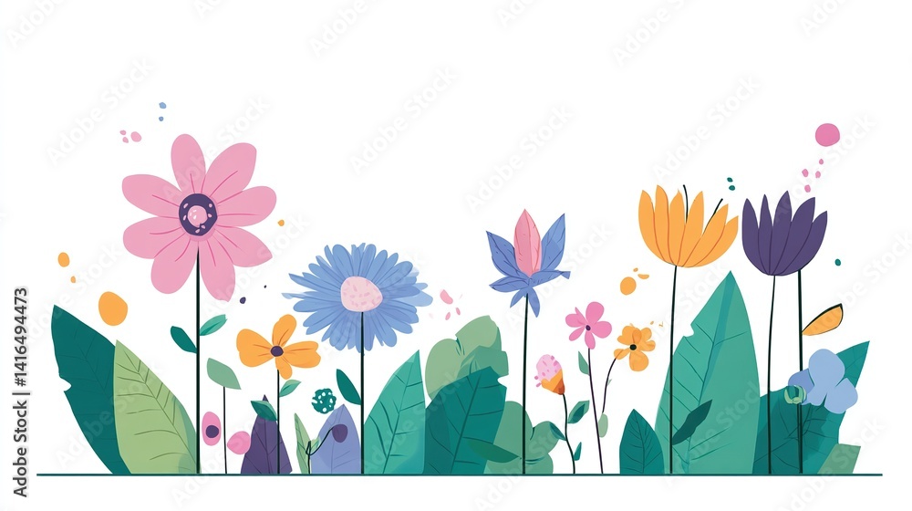 Obraz premium Cute garden vector illustration showing pastel colors on a white background, featuring green grass, colorful flowers, and leaves in various shades, with high resolution, detail, and sharp focus.