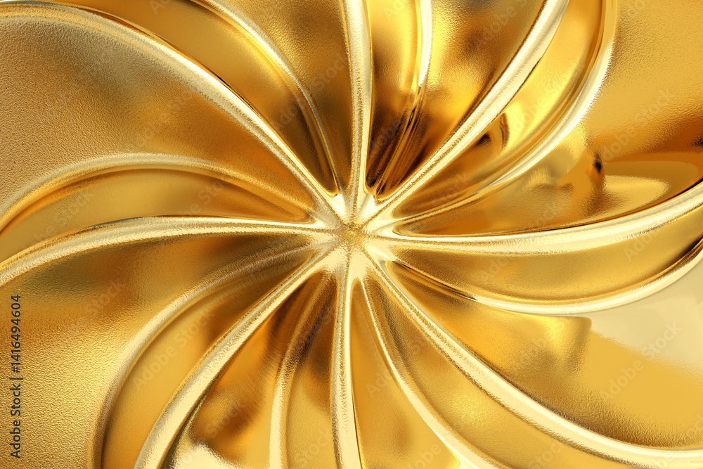 Abstract gold metallic swirl pattern resembling flower or starburst, featuring reflective highlights and luxurious finish, 3d rendering