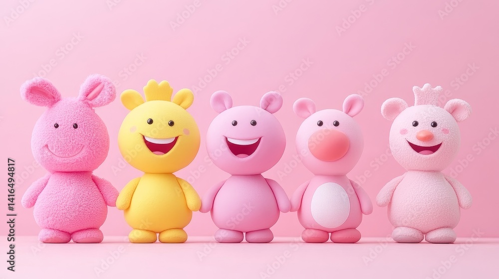 Whimsical collection of plush characters in pastel hues capturing the essence of playful innocence and soft tenderness fostering joy and laughter in children Whimsical collection of plush characters in pastel hues capturing the essence of playful innocence and soft tenderness fostering joy and laughter in children