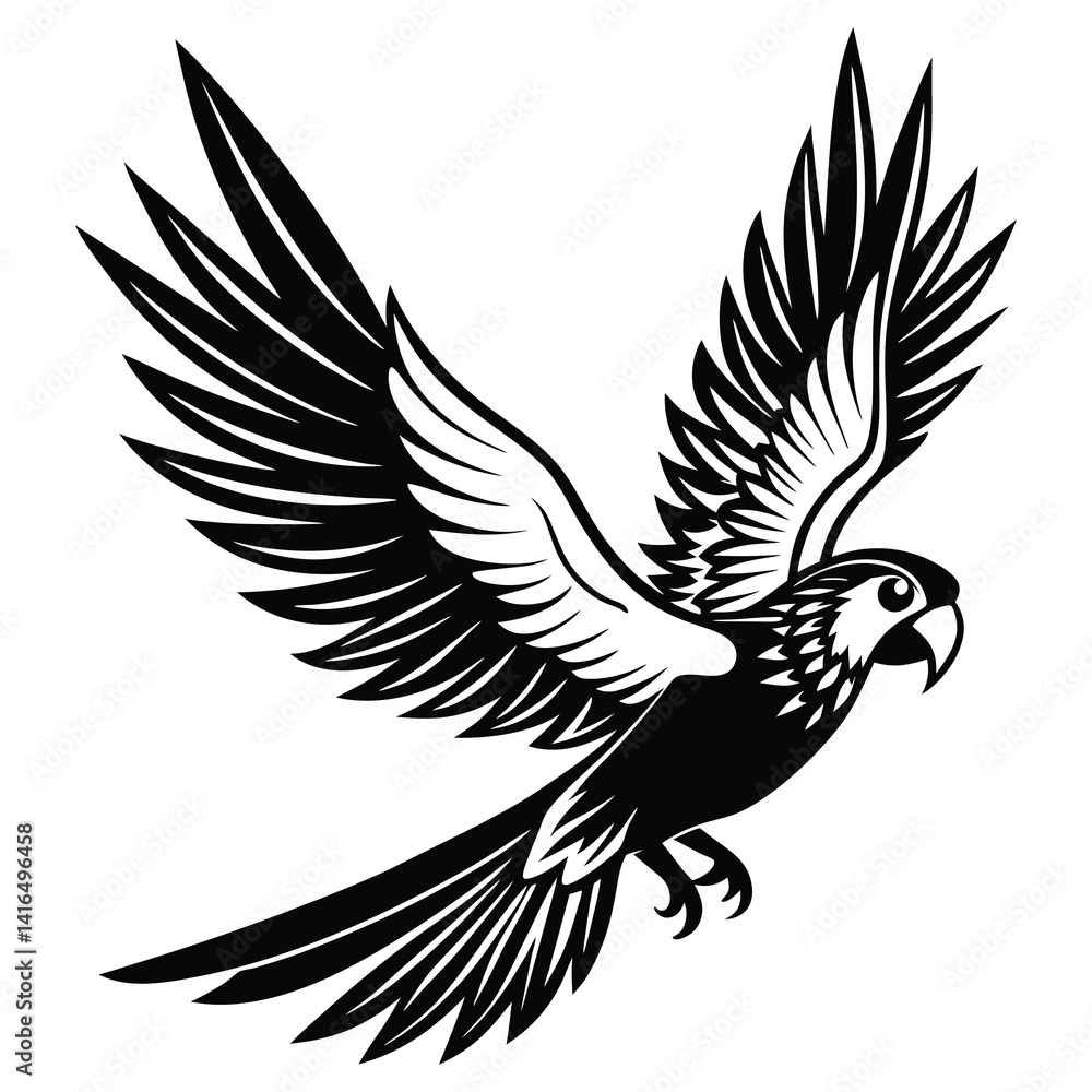 Obraz premium Black silhouette vector illustration shows a flying parrot bird with wings