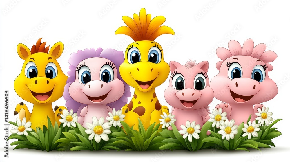 Naklejka premium Delightful cartoon animal characters nestled in vibrant green grass and charming white daisy flowers offering joy and happiness to all ages