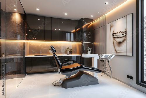 Modern dental office interior design featuring sleek, dark cabinets and a comfortable patient chair.