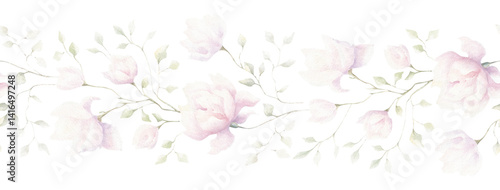 Elegant delicate seamless pattern soft pink magnolia flowers and light green leaves, pink pastel colored romantic floral magnolia flowers bouquet on white background. Watercolor painting.