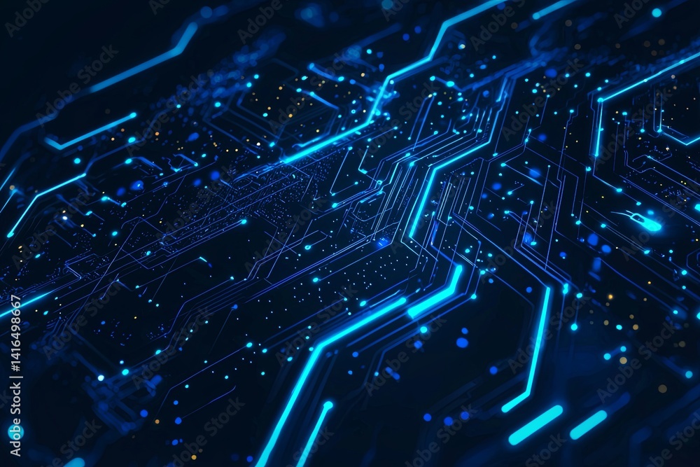 Futuristic Digital Circuit Board with Blue Neon Lights and Abstract Data Flow Representing Technology and Innovation in Modern Computing Systems Futuristic Digital Circuit Board with Blue Neon Lights and Abstract Data Flow Representing Technology and Innovation in Modern Computing Systems