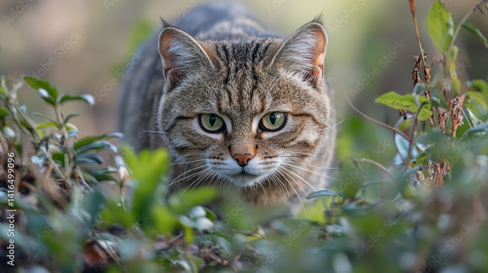 A cat is walking through a field of green plants A cat is walking through a field of green plants