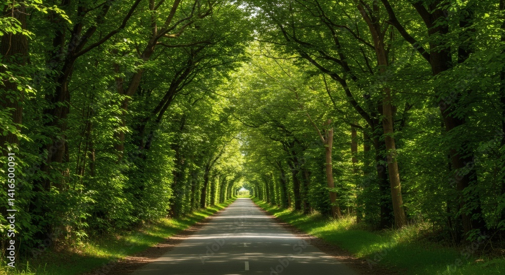Fototapeta premium Driving Through Green Tree Tunnel on Asphalt Road on a Sunny Day