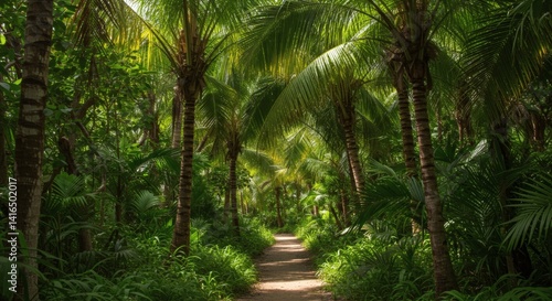 Walking the Lush Jungle Path Lined with Palm Trees and Greenery