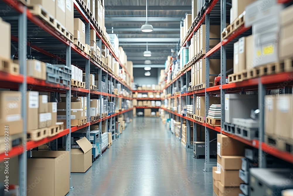 Vast warehouse interior filled with stacked boxes on shelves, storage facility with organized goods and bright overhead lights illuminating the aisles Vast warehouse interior filled with stacked boxes on shelves, storage facility with organized goods and bright overhead lights illuminating the aisles