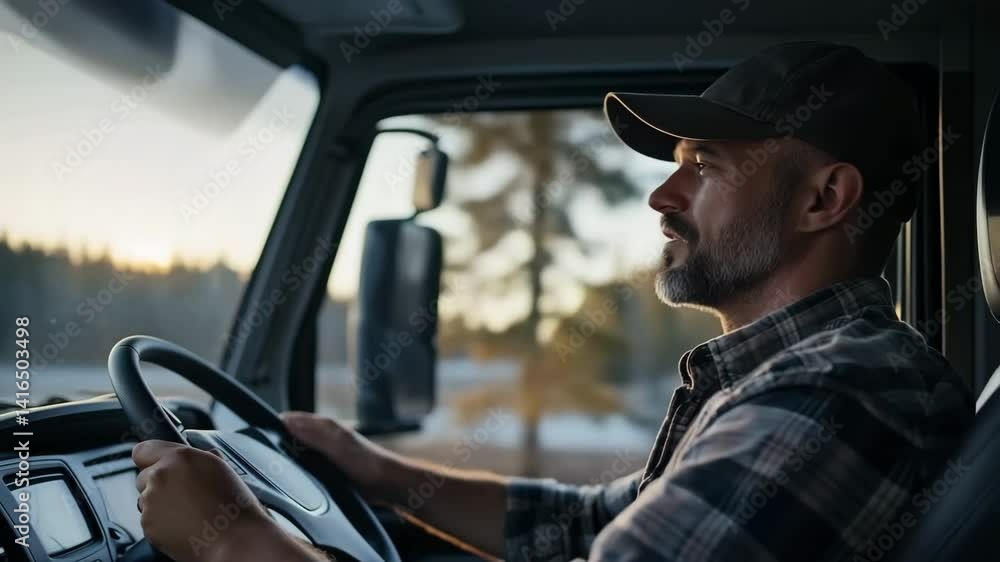 Truck driver behind the wheel on a highway Truck driver behind the wheel on a highway