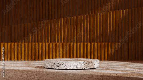 Terrazzo pedestal product display stage against architectural fluted wood panel background. Modern minimalist scene with warm tones and natural light shadows. Ideal for natural or modern mockups.