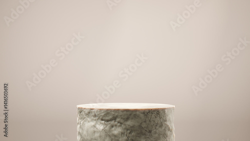 Luxurious grey and white marble pedestal top close-up. Elegant minimalist product display stage with soft, even lighting on pale neutral background. Premium mockup for cosmetics or jewelry.