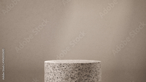 Elegant terrazzo pedestal top close-up with soft spotlight effect. Minimalist product display stage on neutral beige background. Modern texture detail for premium mockups or abstract design use.