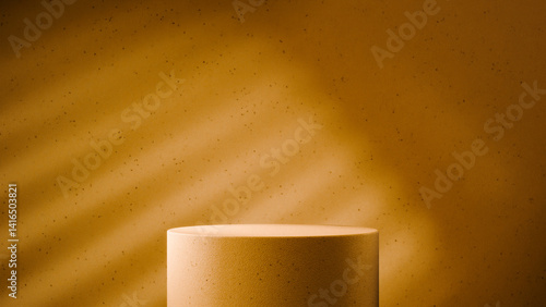 Warm rose gold or terracotta pedestal top close-up. Minimalist product display stage with soft diagonal shadows on subtly textured background. Earth tone mockup scene for cosmetics or wellness.