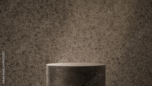 Close-up of smooth stone or concrete pedestal top against a highly textured terrazzo or speckled stone background. Minimalist composition with even lighting. Ideal as abstract texture or detail shot. 