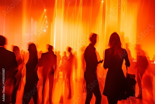 Vibrant Abstract Motion of People in a Nightclub Setting with Orange Hues and Blurred Background Creating an Energetic Atmosphere for Events