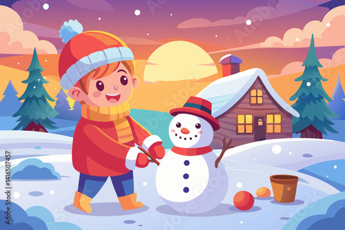 A child in a winter jumpsuit makes a snowman in a snowy yard, with a red scarf and a carrot, against the backdrop of soft sunset light and snowdrifts
