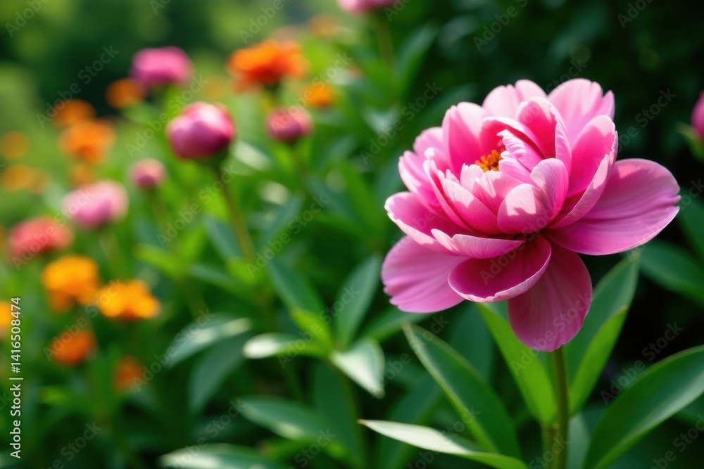 Single pink peony in a garden among green foliage and flowers , springtime, flowers, greenery Single pink peony in a garden among green foliage and flowers , springtime, flowers, greenery