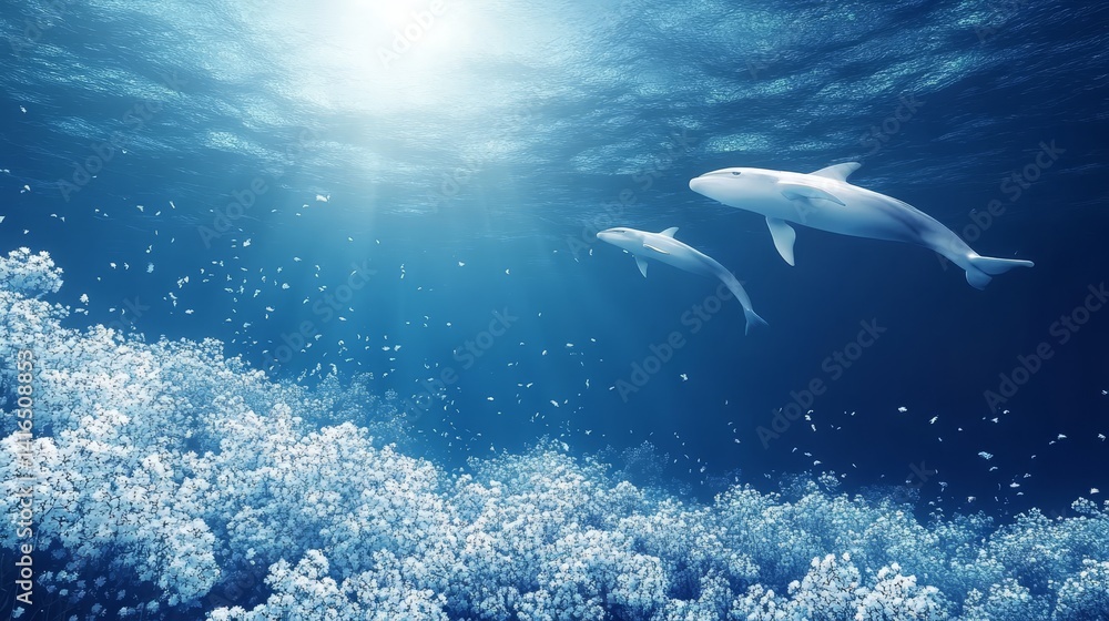 Fototapeta premium Beneath the surface where sunbeams dance above a coral reef graceful humpback whale swims in the ocean depths in a symphony of aquatic life