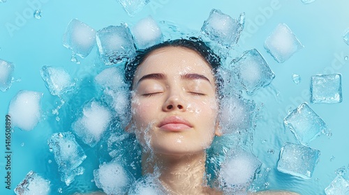 A young woman with closed eyes lies serenely in a refreshing pool of water filled with ice cubes, her face partially submerged in tranquility and calmness.
