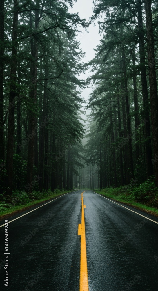 Driving Through a Misty Forest Road Lined with Tall Evergreen Trees Driving Through a Misty Forest Road Lined with Tall Evergreen Trees
