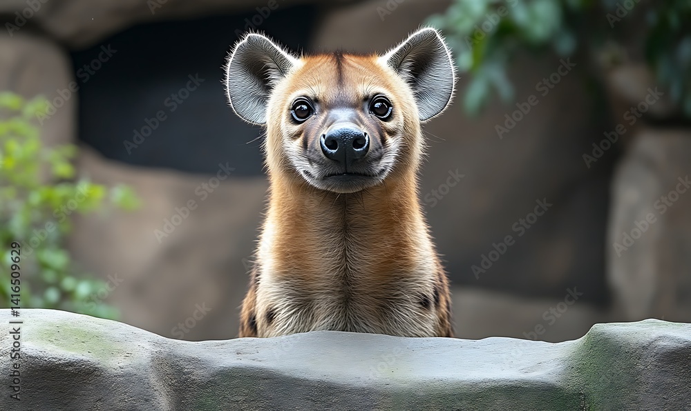 Obraz premium Curious Hyena Peeking Over Rock Formation in Natural Habitat