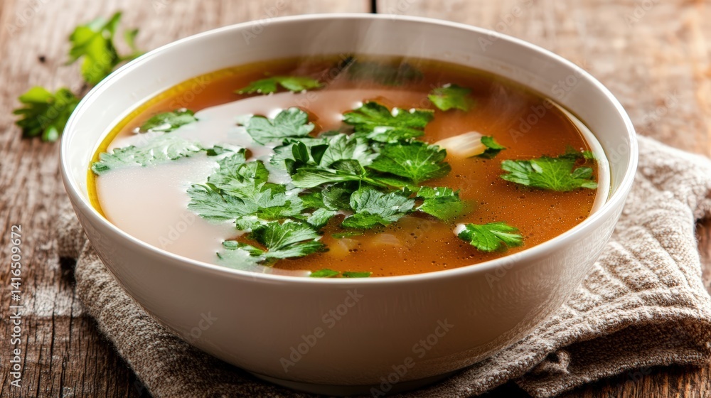 A steaming bowl of delicious hearty soup with vibrant orange color garnished with fresh parsley served on a rustic wooden table with linen napkin A steaming bowl of delicious hearty soup with vibrant orange color garnished with fresh parsley served on a rustic wooden table with linen napkin