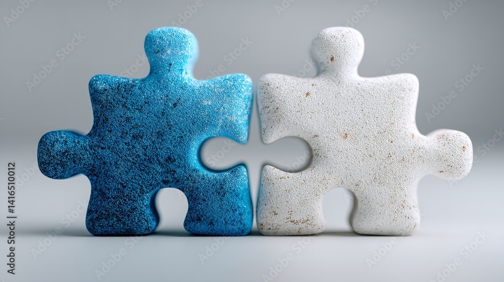 Fototapeta premium 3D Render of Blue and White Puzzle Pieces Connecting on a Clean White Background – Symbol of Unity, Problem Solving, and Teamwork