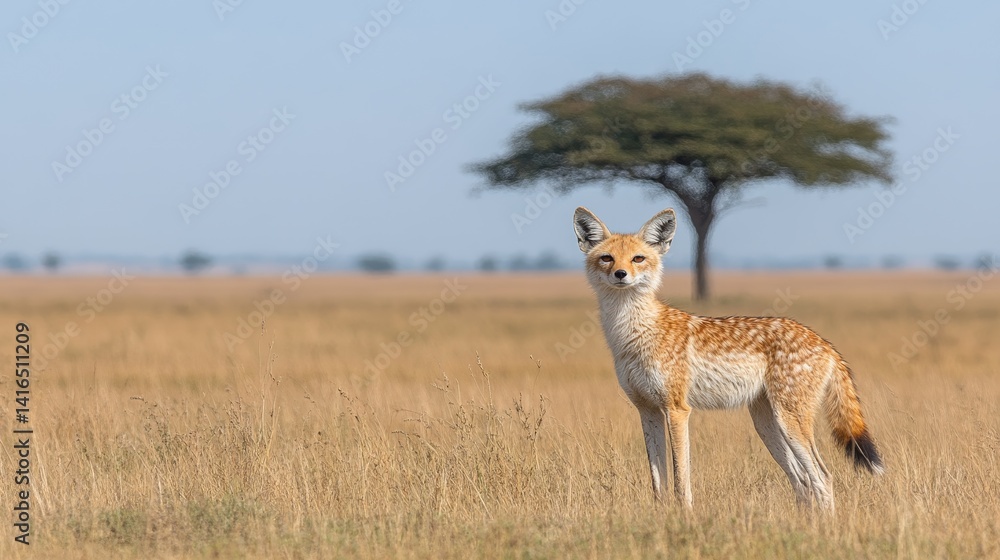 Obraz premium LoneGoldenJackalStandsMajesticallyAgainstTheAfricanSavannaSereneVastLandscapeAndIconicAcaciaTreeCreatesAScapeOfTimelessWildernessInspiringExploration119