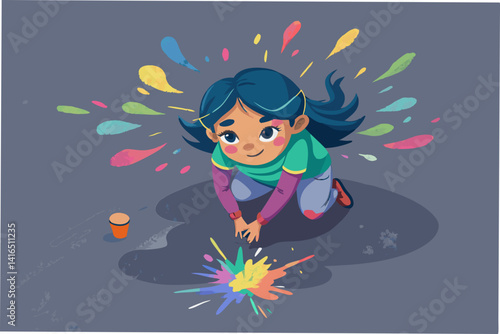 Girl drawing with chalk on asphalt, top view: color explosion on gray background, hands in paint, hair disheveled