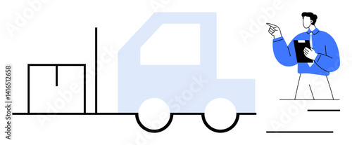 Manager holding clipboard giving directions near delivery truck and cargo box, representing shipping, organization, delivery management. Ideal for logistics, supply chain, teamwork, cargo operations