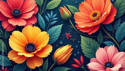 Wallpaper Mural Bold, vibrant floral pattern, large blooms, rich colors, fabric, decoration Torontodigital.ca