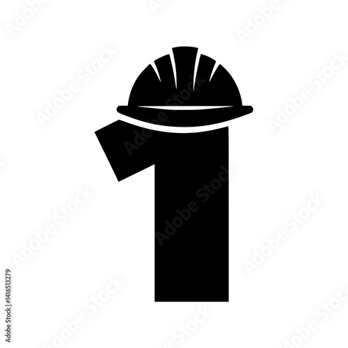 Number 1 with Construction Helmet Graphic, Bold black number 1 illustrated with a construction hard hat, symbolizing leadership, safety, and industrial themes in creative design.

