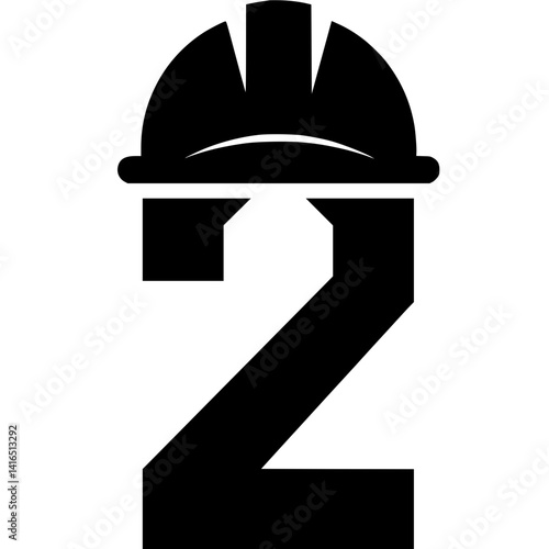 Number 2 with Construction Worker Helmet Design, Stylized black number 2 featuring a construction hard hat, combining bold numeric design with themes of labor and industrial safety.

