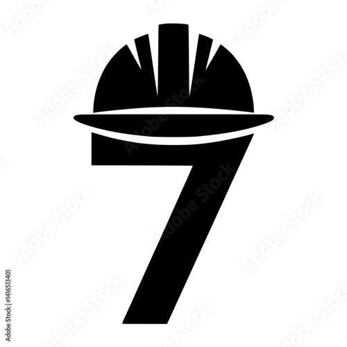 Number 7 with Construction Helmet Illustration, Bold black number 7 topped with a construction hard hat, representing industrial safety, labor, and engineering in a creative numeric form.

