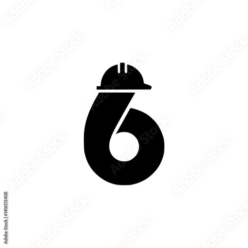 Number 6 with Construction Worker Helmet Design, Creative black number 6 featuring a construction hard hat, merging bold numeric design with themes of labor, safety, and industry.


